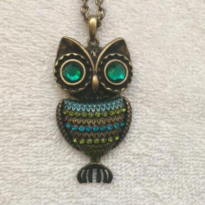 Owl Blue & Green Rhinestone Pendant..