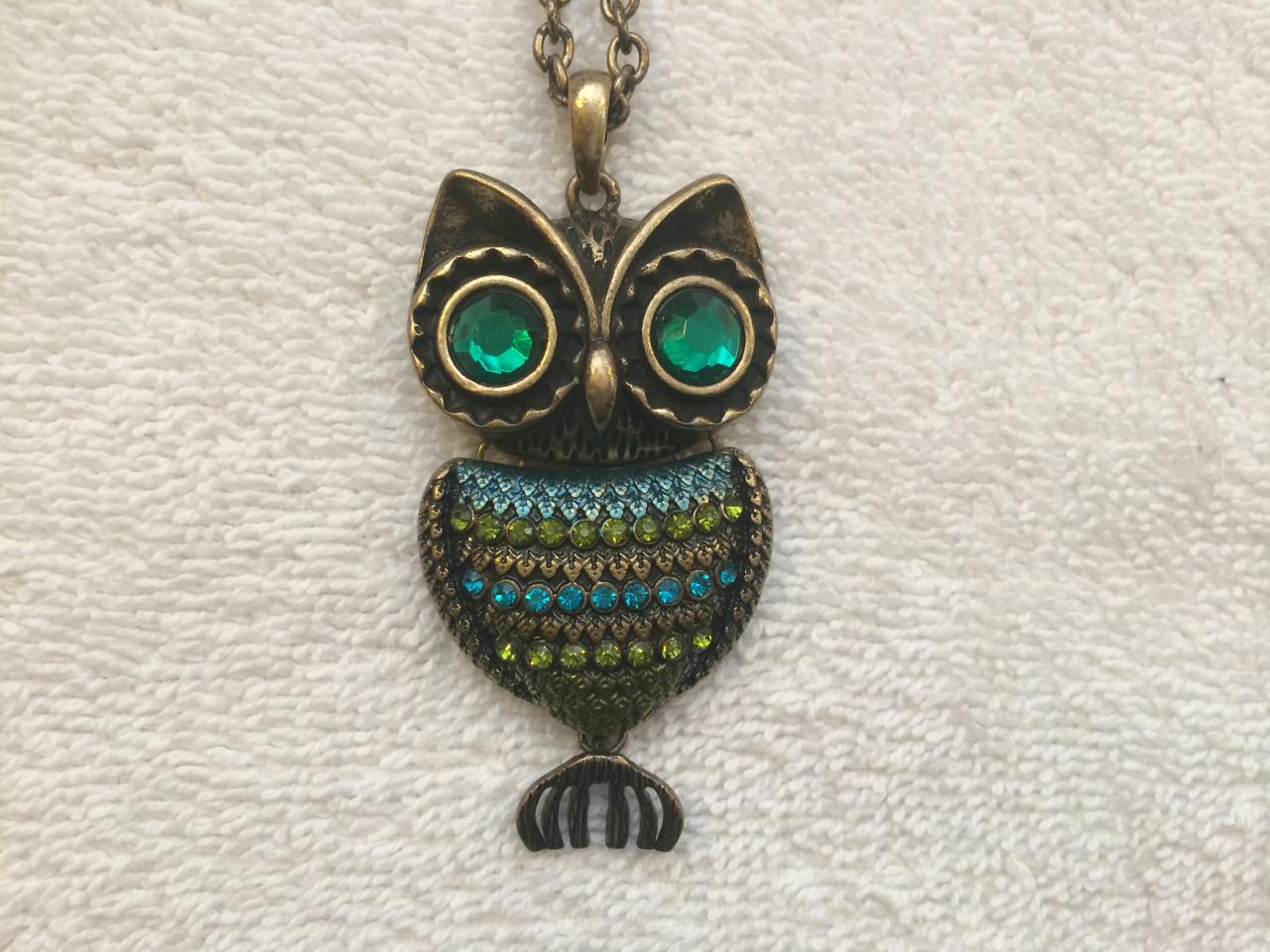 Owl Blue & Green Rhinestone Pendant Necklace Jewelry Fashion Bling Gold Tone #139
